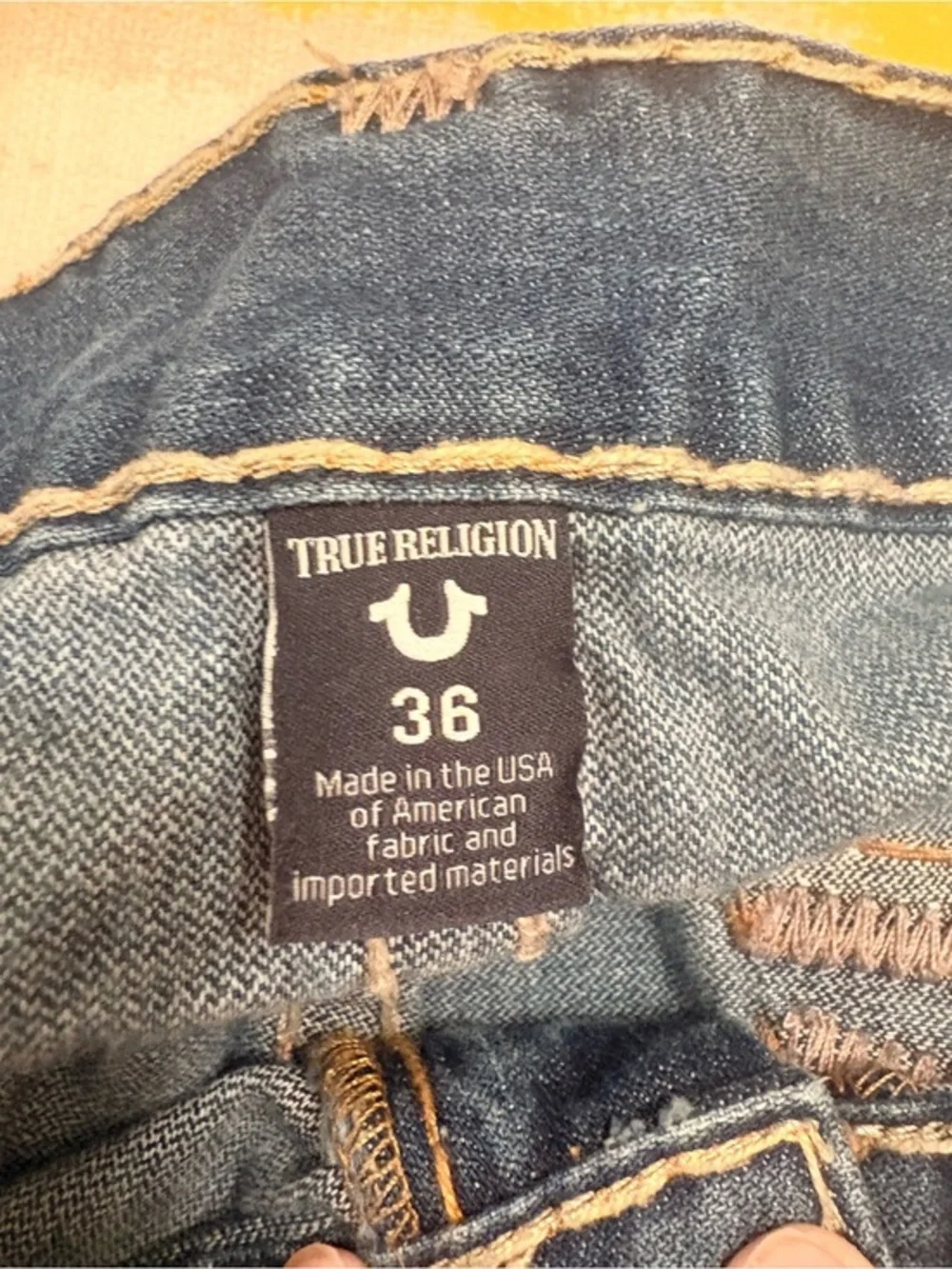 True Religion Men's Dark Blue Bootcut Jeans with Contrast Stitching